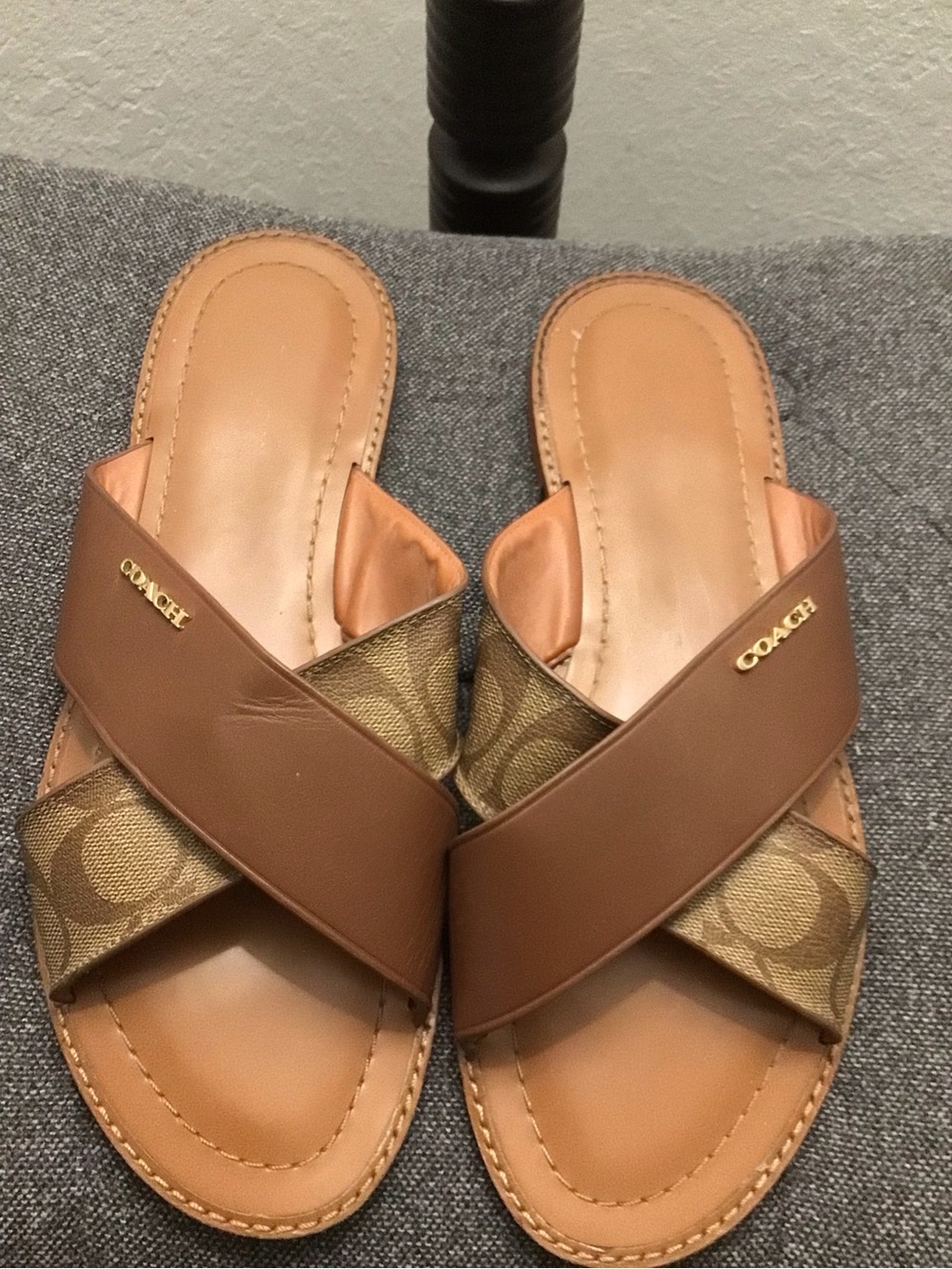 Coach Brown & Tan Signature Crossband Slides